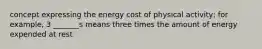 concept expressing the energy cost of physical activity; for example, 3 _______s means three times the amount of energy expended at rest