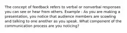 The concept of feedback refers to verbal or nonverbal responses you can see or hear from others. Example : As you are making a presentation, you notice that audience members are scowling and talking to one another as you speak. What component of the communication process are you noticing?