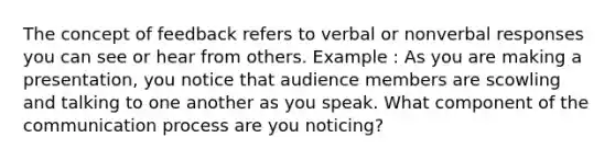 The concept of feedback refers to verbal or nonverbal responses you can see or hear from others. Example : As you are making a presentation, you notice that audience members are scowling and talking to one another as you speak. What component of the communication process are you noticing?