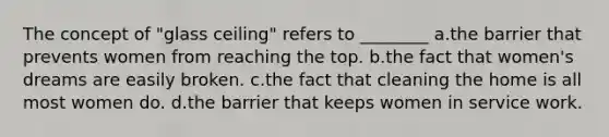 The concept of "glass ceiling" refers to ________ a.the barrier that prevents women from reaching the top. b.the fact that women's dreams are easily broken. c.the fact that cleaning the home is all most women do. d.the barrier that keeps women in service work.