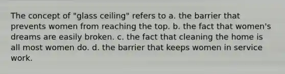 The concept of "glass ceiling" refers to a. the barrier that prevents women from reaching the top. b. the fact that women's dreams are easily broken. c. the fact that cleaning the home is all most women do. d. the barrier that keeps women in service work.