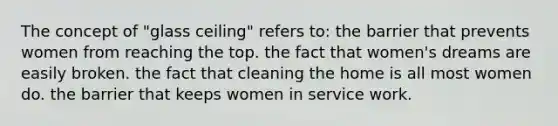 The concept of "glass ceiling" refers to: the barrier that prevents women from reaching the top. the fact that women's dreams are easily broken. the fact that cleaning the home is all most women do. the barrier that keeps women in service work.