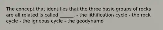 The concept that identifies that the three basic groups of rocks are all related is called ______. - the lithification cycle - the rock cycle - the igneous cycle - the geodynamo