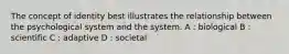 The concept of identity best illustrates the relationship between the psychological system and the system. A : biological B : scientific C : adaptive D : societal