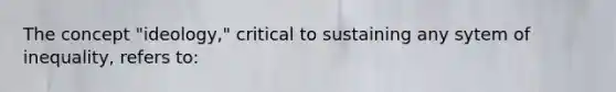 The concept "ideology," critical to sustaining any sytem of inequality, refers to: