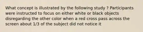 What concept is illustrated by the following study ? Participants were instructed to focus on either white or black objects disregarding the other color when a red cross pass across the screen about 1/3 of the subject did not notice it