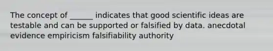 The concept of ______ indicates that good scientific ideas are testable and can be supported or falsified by data. anecdotal evidence empiricism falsifiability authority