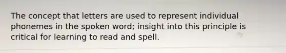 The concept that letters are used to represent individual phonemes in the spoken word; insight into this principle is critical for learning to read and spell.