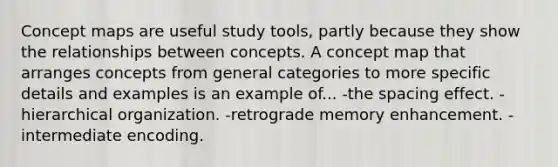 Concept maps are useful study tools, partly because they show the relationships between concepts. A concept map that arranges concepts from general categories to more specific details and examples is an example of... -the spacing effect. -hierarchical organization. -retrograde memory enhancement. -intermediate encoding.