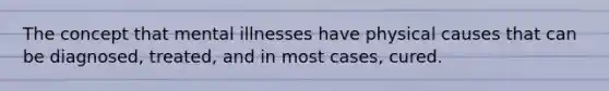 The concept that mental illnesses have physical causes that can be diagnosed, treated, and in most cases, cured.