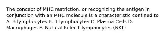 The concept of MHC restriction, or recognizing the antigen in conjunction with an MHC molecule is a characteristic confined to A. B lymphocytes B. T lymphocytes C. Plasma Cells D. Macrophages E. Natural Killer T lymphocytes (NKT)