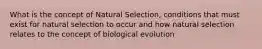 What is the concept of Natural Selection, conditions that must exist for natural selection to occur and how natural selection relates to the concept of biological evolution