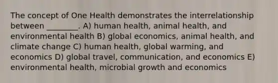 The concept of One Health demonstrates the interrelationship between ________. A) human health, animal health, and environmental health B) global economics, animal health, and climate change C) human health, global warming, and economics D) global travel, communication, and economics E) environmental health, microbial growth and economics