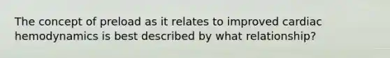 The concept of preload as it relates to improved cardiac hemodynamics is best described by what relationship?