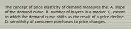 The concept of price elasticity of demand measures the: A. slope of the demand curve. B. number of buyers in a market. C. extent to which the demand curve shifts as the result of a price decline. D. sensitivity of consumer purchases to price changes.