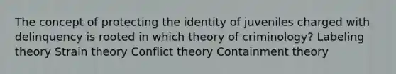 The concept of protecting the identity of juveniles charged with delinquency is rooted in which theory of criminology? Labeling theory Strain theory Conflict theory Containment theory