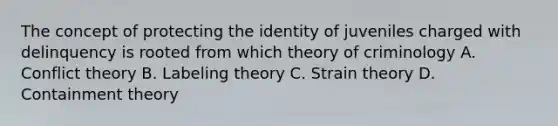 The concept of protecting the identity of juveniles charged with delinquency is rooted from which theory of criminology A. Conflict theory B. Labeling theory C. Strain theory D. Containment theory