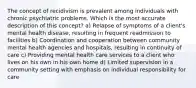 The concept of recidivism is prevalent among individuals with chronic psychiatric problems. Which is the most accurate description of this concept? a) Relapse of symptoms of a client's mental health disease, resulting in frequent readmission to facilities b) Coordination and cooperation between community mental health agencies and hospitals, resulting in continuity of care c) Providing mental health care services to a client who lives on his own in his own home d) Limited supervision in a community setting with emphasis on individual responsibility for care