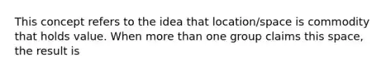 This concept refers to the idea that location/space is commodity that holds value. When more than one group claims this space, the result is