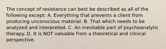 The concept of resistance can best be described as all of the following except: A. Everything that prevents a client from producing unconscious material. B. That which needs to be analyzed and interpreted. C. An inevitable part of psychoanalytic therapy. D. It is NOT valuable from a theoretical and clinical perspective.