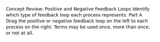 Concept Review: Positive and Negative Feedback Loops Identify which type of feedback loop each process represents. Part A Drag the positive or negative feedback loop on the left to each process on the right. Terms may be used once, more than once, or not at all.