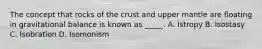 The concept that rocks of the crust and upper mantle are floating in gravitational balance is known as _____. A. Istropy B. Isostasy C. Isobration D. Isomonism