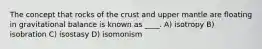 The concept that rocks of the crust and upper mantle are floating in gravitational balance is known as ____. A) isotropy B) isobration C) isostasy D) isomonism