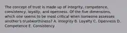 The concept of trust is made up of​ integrity, competence,​ consistency, loyalty, and openness. Of the five​ dimensions, which one seems to be most critical when someone assesses​ another's trustworthiness? A. Integrity B. Loyalty C. Openness D. Competence E. Consistency