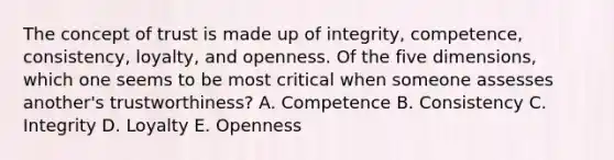 The concept of trust is made up of​ integrity, competence,​ consistency, loyalty, and openness. Of the five​ dimensions, which one seems to be most critical when someone assesses​ another's trustworthiness? A. Competence B. Consistency C. Integrity D. Loyalty E. Openness