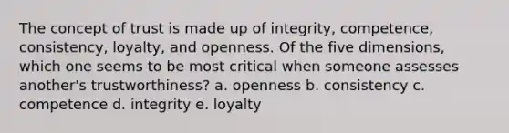 The concept of trust is made up of​ integrity, competence,​ consistency, loyalty, and openness. Of the five​ dimensions, which one seems to be most critical when someone assesses​ another's trustworthiness? a. openness b. consistency c. competence d. integrity e. loyalty