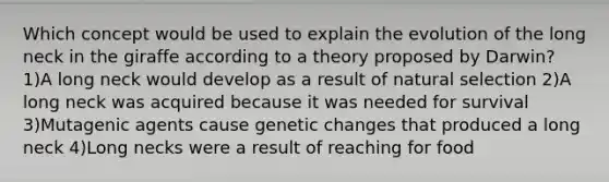 Which concept would be used to explain the evolution of the long neck in the giraffe according to a theory proposed by Darwin? 1)A long neck would develop as a result of natural selection 2)A long neck was acquired because it was needed for survival 3)Mutagenic agents cause genetic changes that produced a long neck 4)Long necks were a result of reaching for food