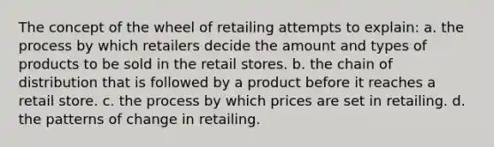 The concept of the wheel of retailing attempts to explain: a. the process by which retailers decide the amount and types of products to be sold in the retail stores. b. the chain of distribution that is followed by a product before it reaches a retail store. c. the process by which prices are set in retailing. d. the patterns of change in retailing.