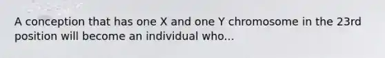 A conception that has one X and one Y chromosome in the 23rd position will become an individual who...