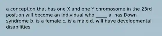 a conception that has one X and one Y chromosome in the 23rd position will become an individual who _____ a. has Down syndrome b. is a female c. is a male d. will have developmental disabilities