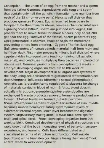 Conception: - The union of an egg from the mother and a sperm from the father Gametes: reproductive cells (egg and sperm) that contain only half the genetic information (one member from each of the 23 chromosome pairs) Meiosis: cell division that produces gametes Process: Egg is launched from ovary to fallopian tube then towards uterus, leaves a chemical substance signaling "come hither", sperm are pumped into vagina, tail propels them to move, travel for about 6 hours, only about 200 get near the egg (survival of the fittest), sperm penetrates egg. Once penetrated, a chemical reaction seals the membrane preventing others from entering. - Zygote : The fertilized egg (full complement of human genetic material, half from mum and half from dad). First major process is mitosis (cell division) where zygote divides into equal parts (each containing full genetic material), and continues multiplying then becomes implanted on uterine wall. Germinal period is from conception to 2 weeks. - Embryo: developing organism from 3rd to 8th week of development. Major development in all organs and systems of the body using cell division/cell migration/cell differentiation/cell death/hormonal influences (determine sexual differentiation). Amniotic sac (protection/temp regulation) & placenta (exchange of materials carried in blood of mum & fetus, blood doesn't actually mix but oxygen/nutrients/minerals/antibodies are exchanged & waste products removed, hormone production) are formed. 3 folded levels are formed (outside becomes NS/nails/teeth/inner ear/lens of eye/outer surface of skin, middle becomes muscle/bones/circulatory system/inner layers of skin/other internal organs, inner layer becomes the digestive system/lungs/urinary tract/glands). Neural tube develops for brain and spinal cord. - Fetus: developing organism from 9th week to birth. Continued development of physical structures and rapid growth of the body. Increasing levels of behavior, sensory experience, and learning. Cells have differentiated and specialized in terms of structure and function. Cell suicide (apoptosis) is the final step (ex. fingers losing their webs) *look at fetal week to week development