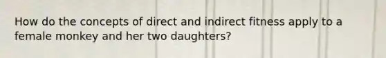 How do the concepts of direct and indirect fitness apply to a female monkey and her two daughters?