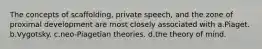 The concepts of scaffolding, private speech, and the zone of proximal development are most closely associated with a.Piaget. b.Vygotsky. c.neo-Piagetian theories. d.the theory of mind.