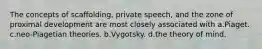 The concepts of scaffolding, private speech, and the zone of proximal development are most closely associated with a.Piaget. c.neo-Piagetian theories. b.Vygotsky. d.the theory of mind.