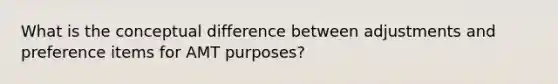 What is the conceptual difference between adjustments and preference items for AMT purposes?