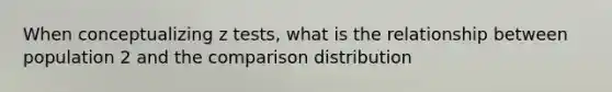 When conceptualizing z tests, what is the relationship between population 2 and the comparison distribution
