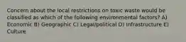 Concern about the local restrictions on toxic waste would be classified as which of the following environmental factors? A) Economic B) Geographic C) Legal/political D) Infrastructure E) Culture