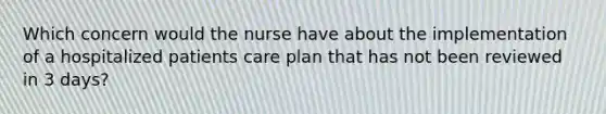 Which concern would the nurse have about the implementation of a hospitalized patients care plan that has not been reviewed in 3 days?