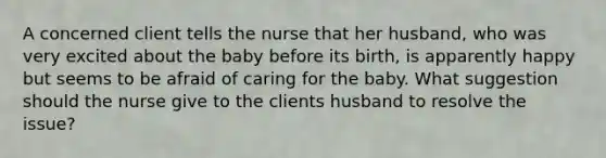 A concerned client tells the nurse that her husband, who was very excited about the baby before its birth, is apparently happy but seems to be afraid of caring for the baby. What suggestion should the nurse give to the clients husband to resolve the issue?