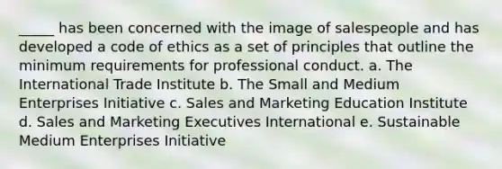 _____ has been concerned with the image of salespeople and has developed a code of ethics as a set of principles that outline the minimum requirements for professional conduct. a. The International Trade Institute b. The Small and Medium Enterprises Initiative c. Sales and Marketing Education Institute d. Sales and Marketing Executives International e. Sustainable Medium Enterprises Initiative