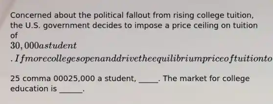 Concerned about the political fallout from rising college tuition​, the U.S. government decides to impose a price ceiling on tuition of ​30,000 a student. If more colleges open and drive the equilibrium price of tuition to ​25 comma 00025,000 a student​, ​_____. The market for college education is​ ______.