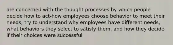 are concerned with the thought processes by which people decide how to act-how employees choose behavior to meet their needs; try to understand why employees have different needs, what behaviors they select to satisfy them, and how they decide if their choices were successful