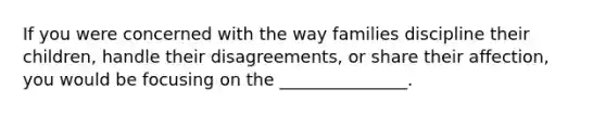 If you were concerned with the way families discipline their children, handle their disagreements, or share their affection, you would be focusing on the _______________.