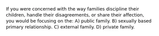 If you were concerned with the way families discipline their children, handle their disagreements, or share their affection, you would be focusing on the: A) public family. B) sexually based primary relationship. C) external family. D) private family.