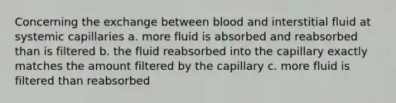 Concerning the exchange between blood and interstitial fluid at systemic capillaries a. more fluid is absorbed and reabsorbed than is filtered b. the fluid reabsorbed into the capillary exactly matches the amount filtered by the capillary c. more fluid is filtered than reabsorbed