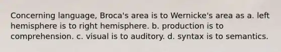 Concerning language, Broca's area is to Wernicke's area as a. left hemisphere is to right hemisphere. b. production is to comprehension. c. visual is to auditory. d. syntax is to semantics.